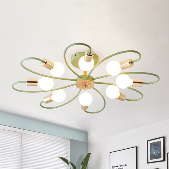 Green Blossom Semi-Flush Mount Ceiling Light With 8 Macaron Bulbs In Metallic Finish