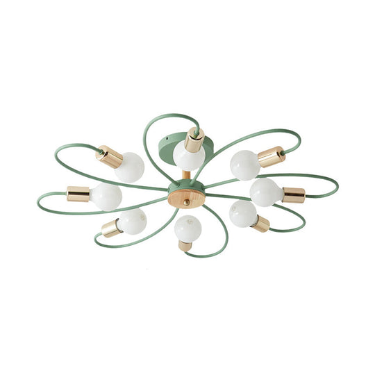 Macaron Flush Mount Ceiling Lamp with Metallic Semi Design - Green Blossom, 8 Bulbs