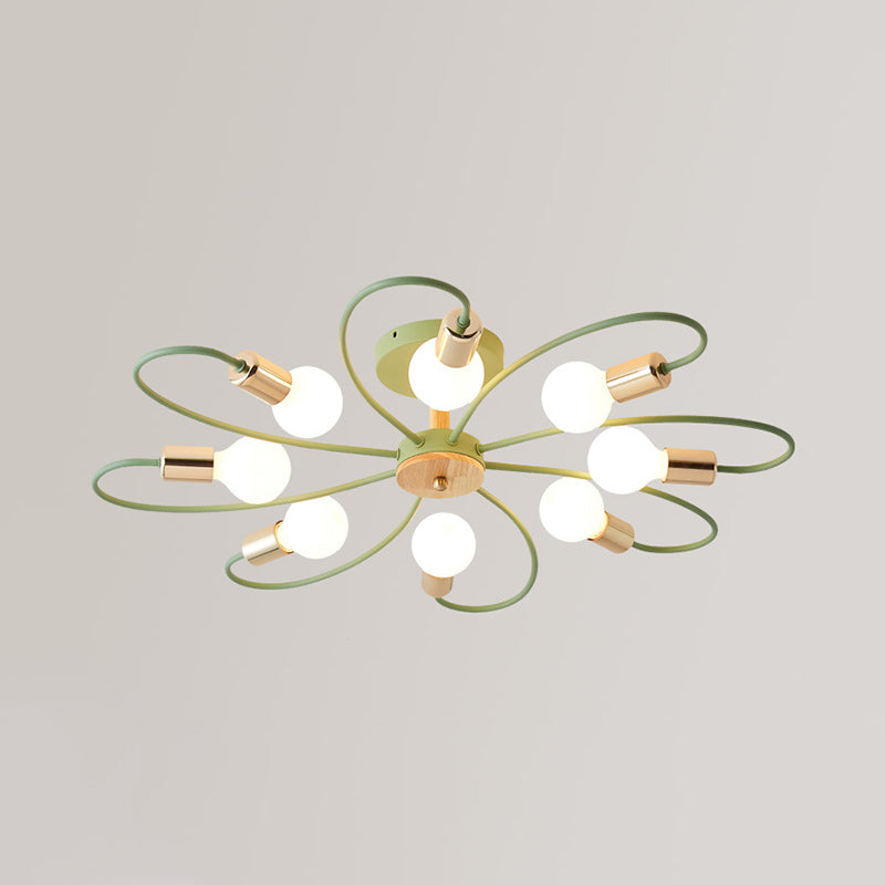 Macaron Flush Mount Ceiling Lamp with Metallic Semi Design - Green Blossom, 8 Bulbs