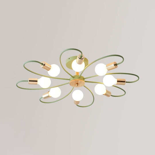 Green Blossom Semi-Flush Mount Ceiling Light With 8 Macaron Bulbs In Metallic Finish