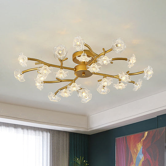 Contemporary Floral Semi Flushmount Ceiling Lamp in Brass - 24-Light Metallic Flush for Bedroom Lighting