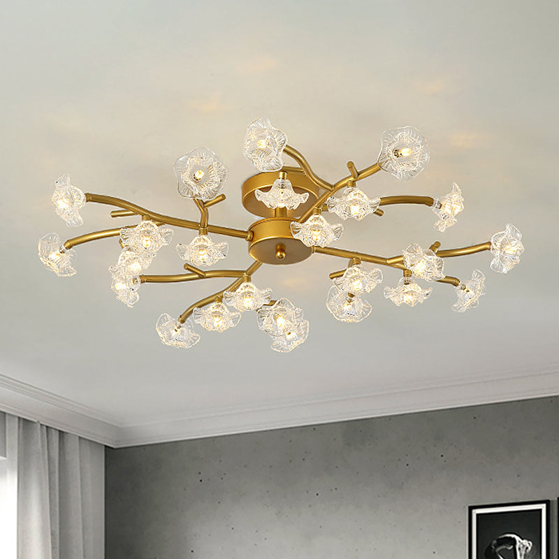 Contemporary Floral Semi Flushmount Ceiling Lamp in Brass - 24-Light Metallic Flush for Bedroom Lighting