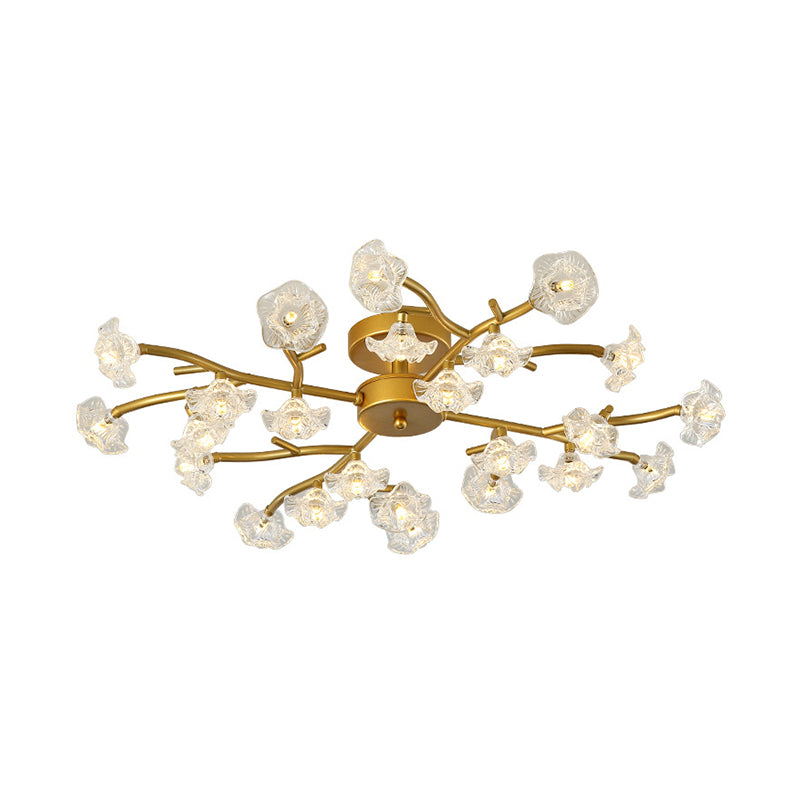 Contemporary Floral Semi Flushmount Ceiling Lamp in Brass - 24-Light Metallic Flush for Bedroom Lighting