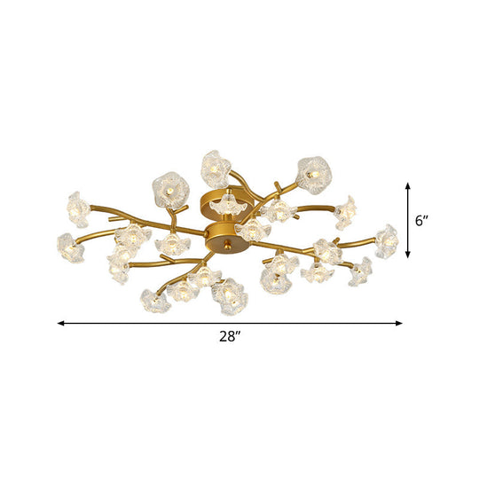 Contemporary Floral Semi Flushmount Ceiling Lamp In Brass - 24-Light Metallic Flush For Bedroom