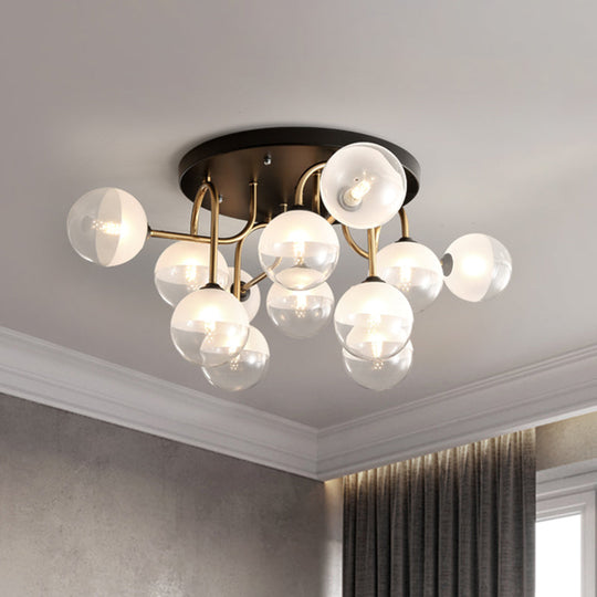 Modernist 12-Head White Glass Globe Flush Lighting in Brass - Ideal for Living Room Ceiling