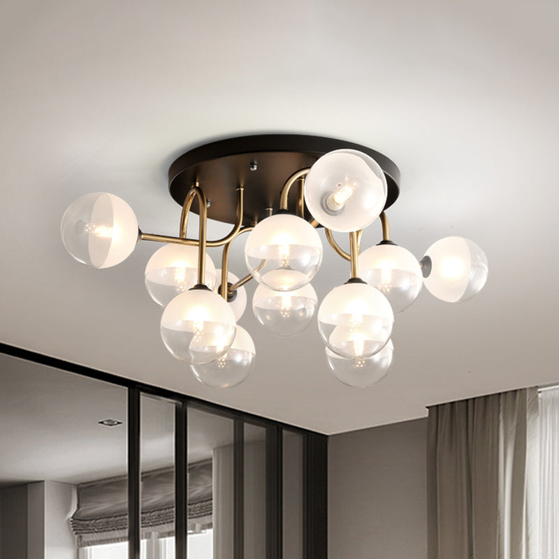 Modernist 12-Head White Glass Globe Flush Lighting in Brass - Ideal for Living Room Ceiling