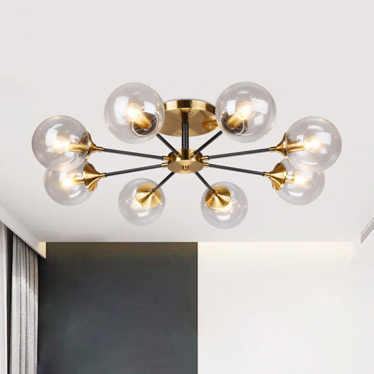 Modern Brass Semi Flush Mount Living Room Light Fixture with Clear Glass Shade - 8 Heads