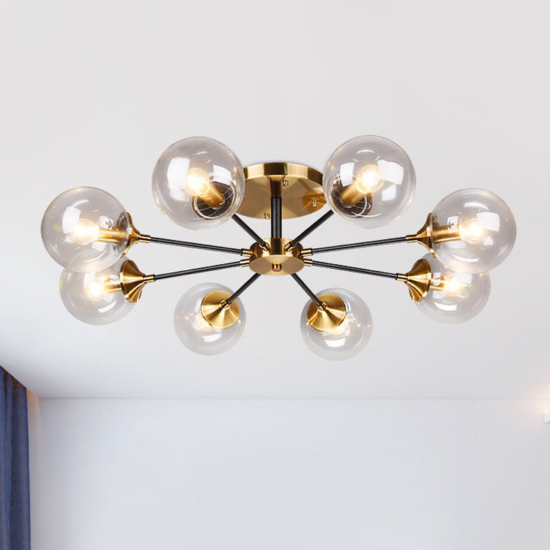 Modern Brass Semi Flush Mount Living Room Light Fixture with Clear Glass Shade - 8 Heads