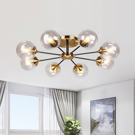 Modern Brass Semi Flush Mount Living Room Light Fixture with Clear Glass Shade - 8 Heads