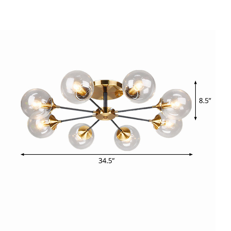 Modern Brass Semi Flush Mount Living Room Light Fixture with Clear Glass Shade - 8 Heads