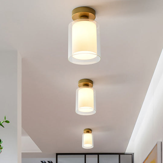 Simple Brass Cylinder Glass Flushmount Ceiling Light - Clear/White - 1 Bulb - Corridor Fixture