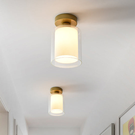 Simple Brass Cylinder Glass Flushmount Ceiling Light - Clear/White - 1 Bulb - Corridor Fixture