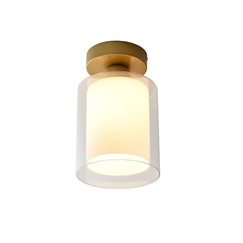 Simple Brass Cylinder Glass Flushmount Ceiling Light - Clear/White - 1 Bulb - Corridor Fixture