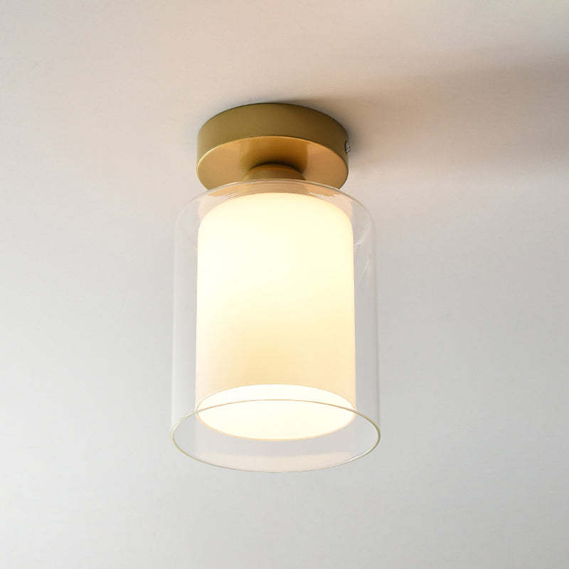 Simple Brass Cylinder Glass Flushmount Ceiling Light - Clear/White - 1 Bulb - Corridor Fixture