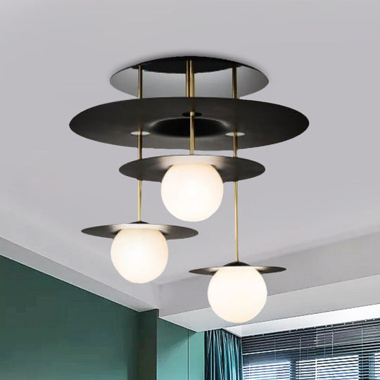 Sleek Metal Disk Flush Light Fixture with Modernist Design - 3 Bulbs, Black Semi Flush Mount Ceiling Lamp, White Glass Shade