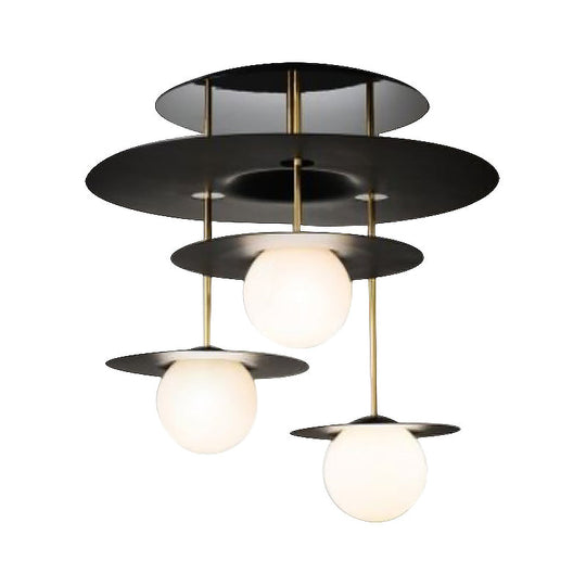 Sleek Metal Disk Flush Light Fixture with Modernist Design - 3 Bulbs, Black Semi Flush Mount Ceiling Lamp, White Glass Shade