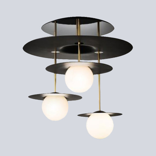 Sleek Metal Disk Flush Light Fixture with Modernist Design - 3 Bulbs, Black Semi Flush Mount Ceiling Lamp, White Glass Shade