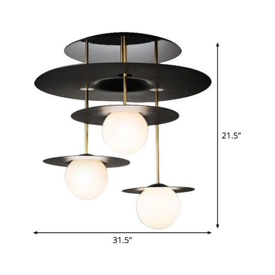 Sleek Metal Disk Flush Light Fixture with Modernist Design - 3 Bulbs, Black Semi Flush Mount Ceiling Lamp, White Glass Shade