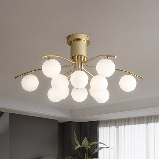 Post-Modern Modo Flush Mount White Glass 12-Head LED Semi Close Ceiling Lamp - Brass Finish