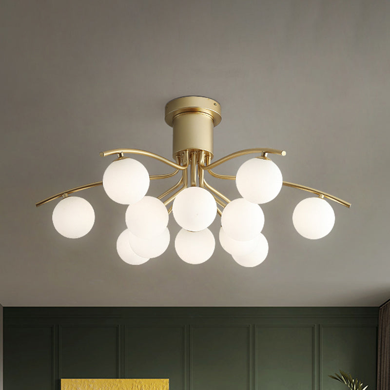 Post-Modern Modo Flush Mount White Glass 12-Head LED Semi Close Ceiling Lamp - Brass Finish