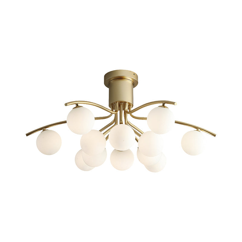 Post-Modern Modo Flush Mount White Glass 12-Head LED Semi Close Ceiling Lamp - Brass Finish