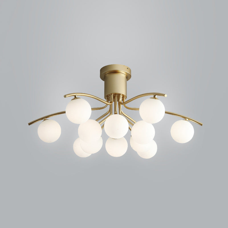 Post-Modern Modo Flush Mount White Glass 12-Head LED Semi Close Ceiling Lamp - Brass Finish