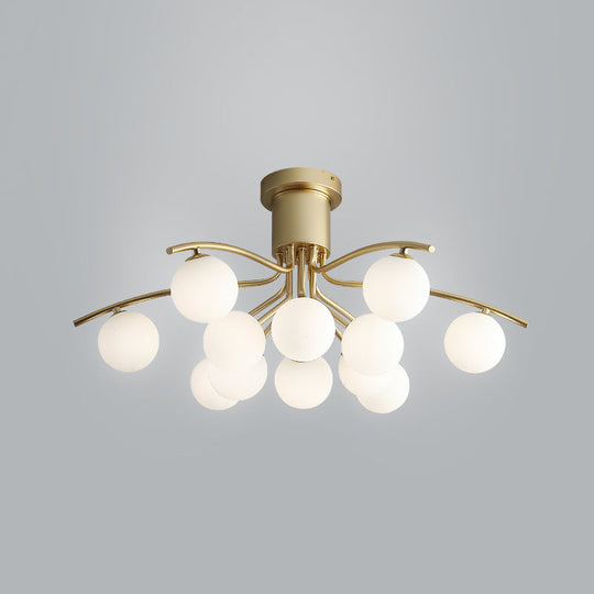 Post-Modern Modo Flush Mount White Glass 12-Head Led Semi Close Ceiling Lamp - Brass Finish