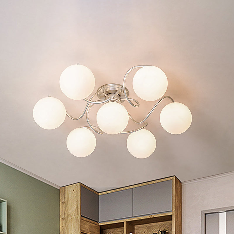 Contemporary 7-Light Semi Flush Lamp with Frosted White Glass Shade - Silver Modo Ceiling Fixture