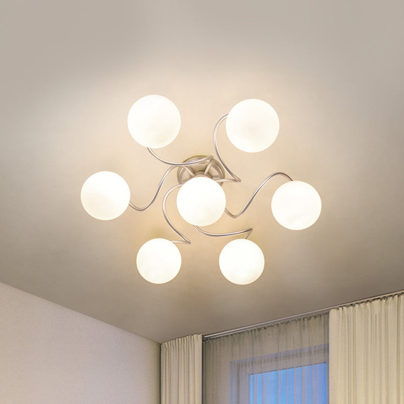 Contemporary 7-Light Semi Flush Lamp with Frosted White Glass Shade - Silver Modo Ceiling Fixture