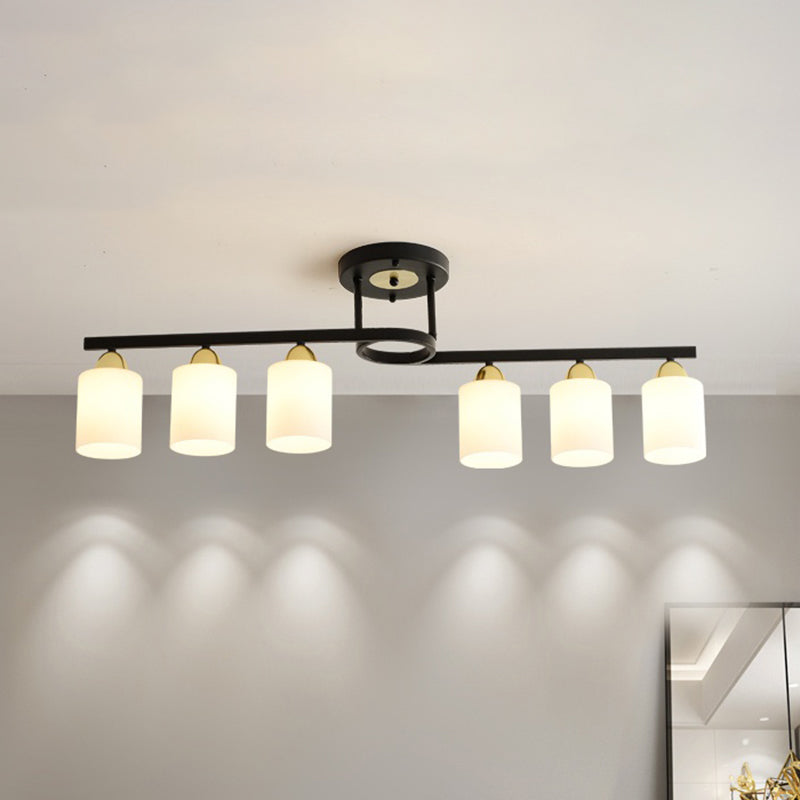 Modern Black Semi Flushmount Ceiling Light with 6 Cylinder Cream Glass Shades