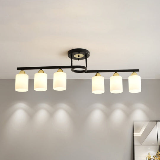 Modern Black Semi Flushmount Ceiling Light with 6 Cylinder Cream Glass Shades