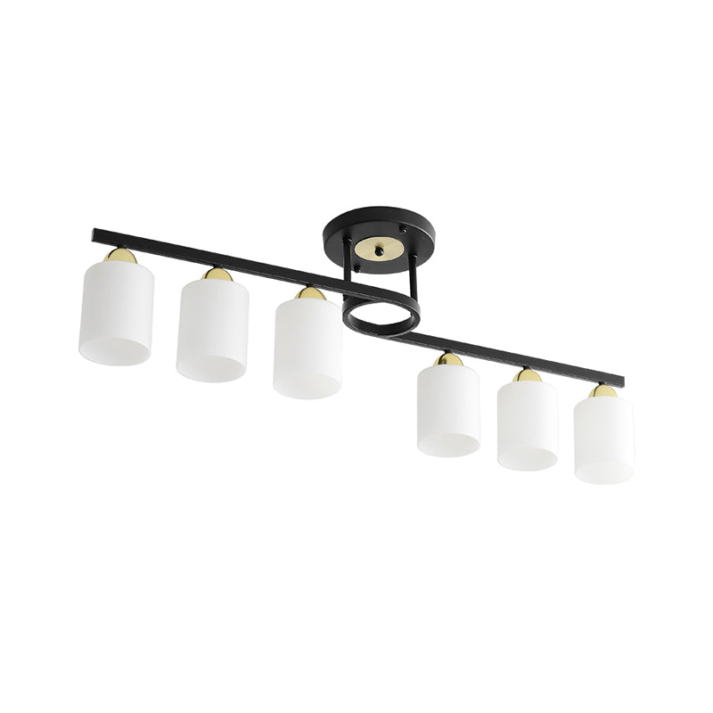 Modern Black Semi Flushmount Ceiling Light with 6 Cylinder Cream Glass Shades