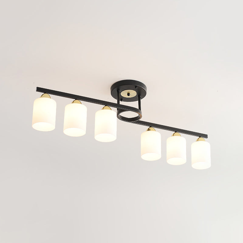 Modern Black Semi Flushmount Ceiling Light with 6 Cylinder Cream Glass Shades