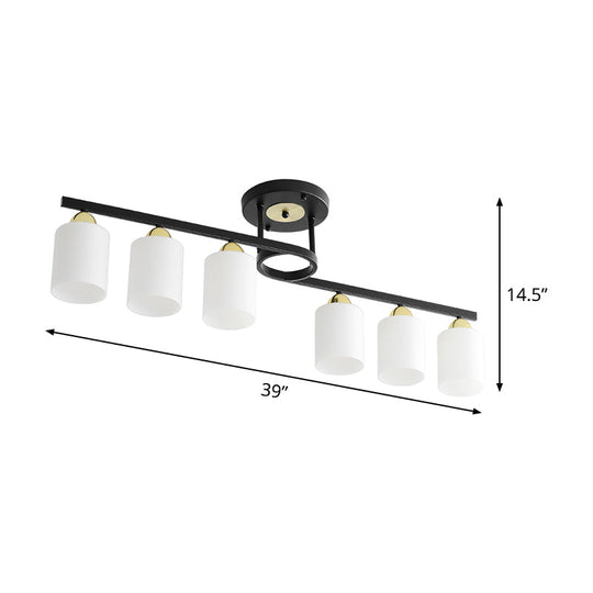 Modern Black Semi Flushmount Ceiling Light with 6 Cylinder Cream Glass Shades