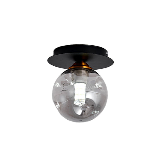 Clear Dimpled Glass 1-Bulb Flush Mount Light Fixture For Corridors In Black