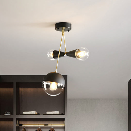 Contemporary Black Ball and Hourglass Semi Flush Mount Ceiling Light with 3 Bulbs – Clear Glass