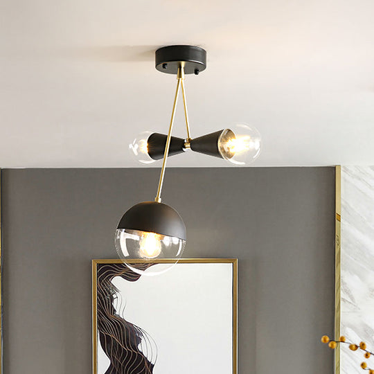 Contemporary Black Ball and Hourglass Semi Flush Mount Ceiling Light with 3 Bulbs – Clear Glass