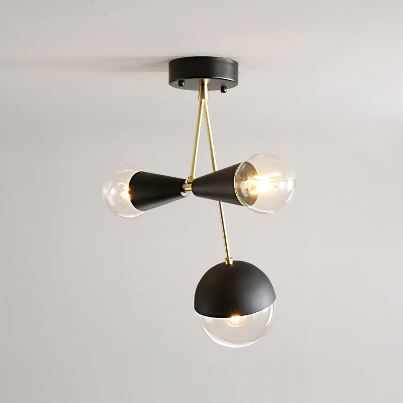 Contemporary Black Ball and Hourglass Semi Flush Mount Ceiling Light with 3 Bulbs – Clear Glass