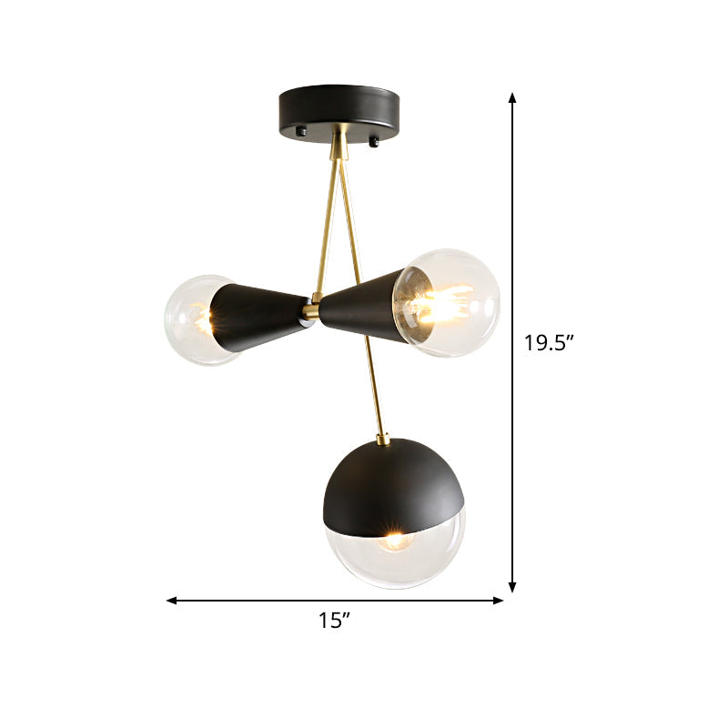 Contemporary Black Ball and Hourglass Semi Flush Mount Ceiling Light with 3 Bulbs – Clear Glass