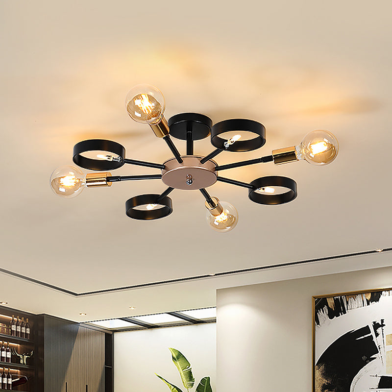 Modern Sputnik 8-Head Led Flush Ceiling Light In Black For Living Room