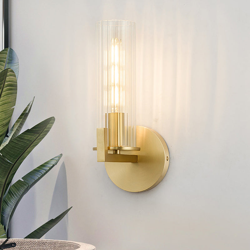 Modern Clear Glass Brass Wall Sconce With Cylinder Design - Perfect For Bedside Lighting