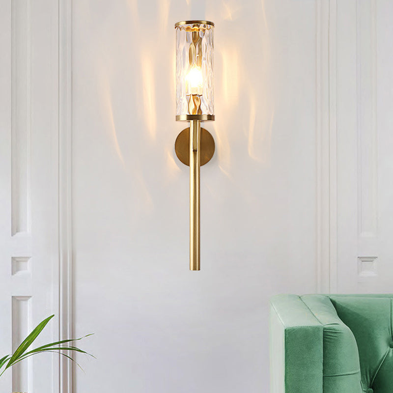 Brass Modernist Cylinder Sconce Light Fixture With Clear Water Glass - Corner Wall Lamp (1 Light)