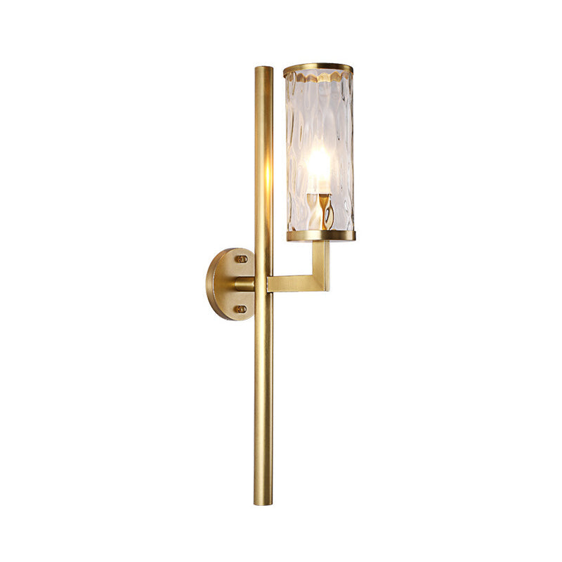 Brass Modernist Cylinder Sconce Light Fixture With Clear Water Glass - Corner Wall Lamp (1 Light)