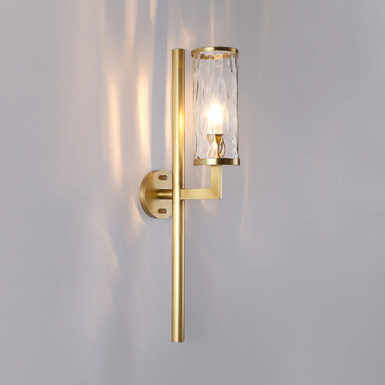 Brass Modernist Cylinder Sconce Light Fixture With Clear Water Glass - Corner Wall Lamp (1 Light)