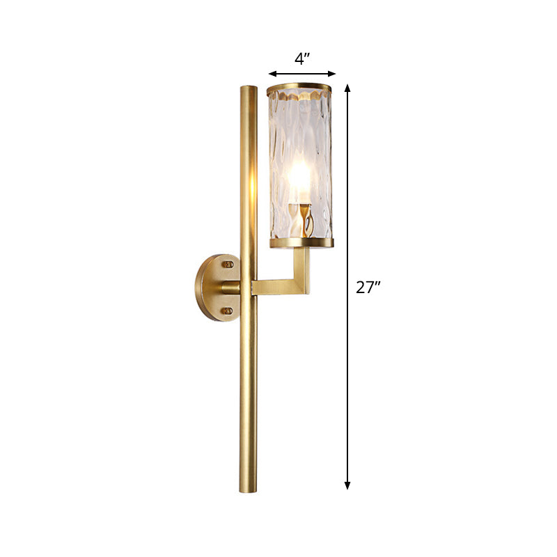 Brass Modernist Cylinder Sconce Light Fixture With Clear Water Glass - Corner Wall Lamp (1 Light)