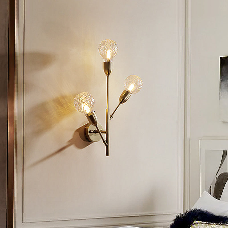 Post-Modern Brass Wall Sconce With Clear Lattice Glass And 3 Branch Lights