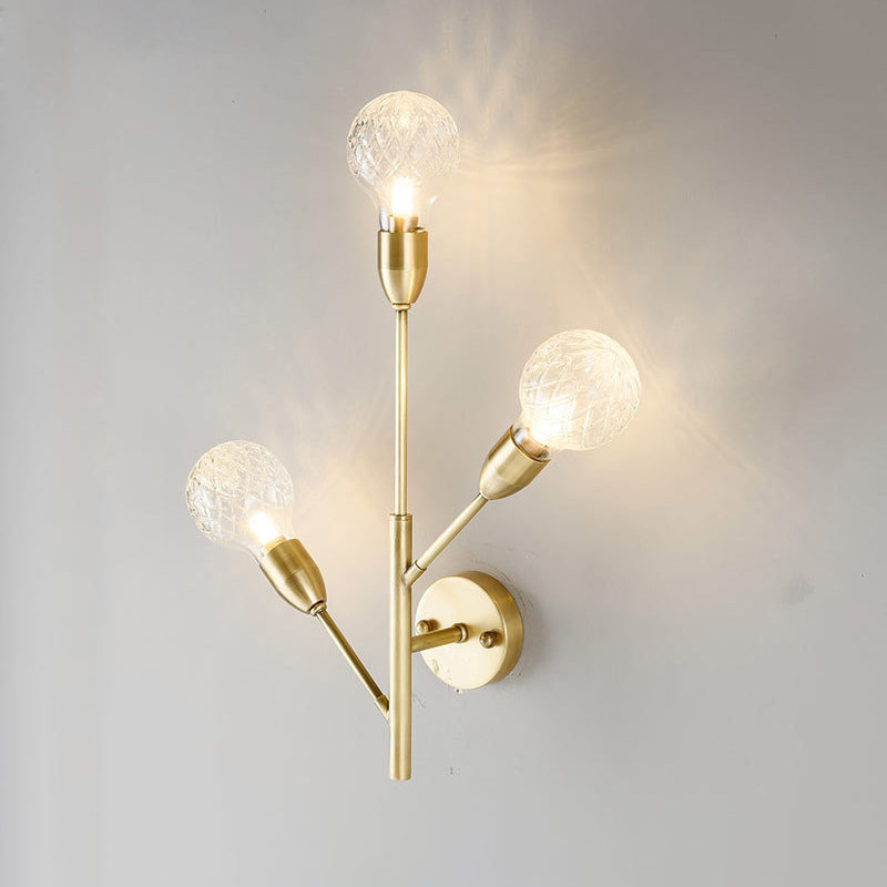 Post-Modern Brass Wall Sconce With Clear Lattice Glass And 3 Branch Lights