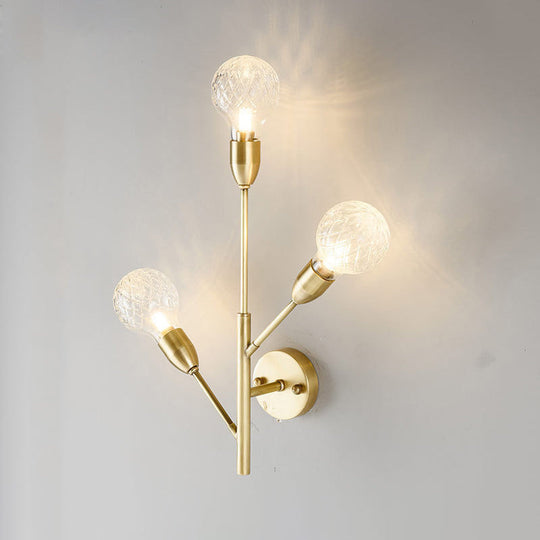 Post-Modern Brass Wall Sconce With Clear Lattice Glass And 3 Branch Lights