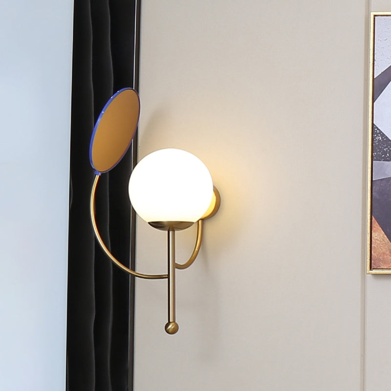 Contemporary Black Round Wall Lighting: 1-Light Sconce With White Frosted Glass Mirror Deco - Ideal