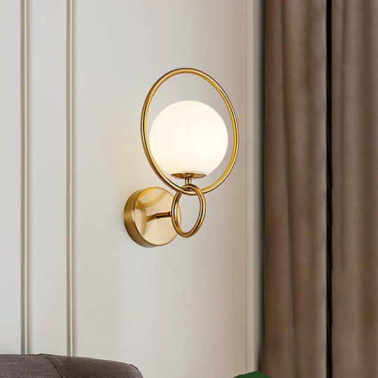 Modern 1-Bulb Brass Finish Wall Lamp With Opal Glass Shade